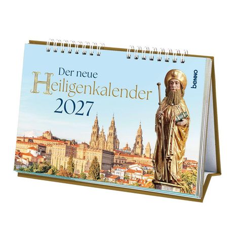 "Der neue Heiligenkalender 2027." Vor einer Stadtsilhouette steht eine vergoldete Heiligenstatue.