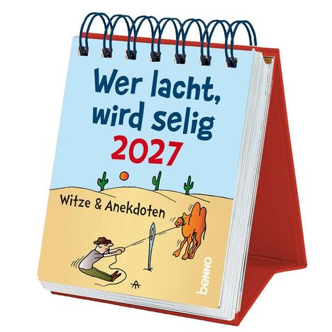 "Wer lacht, wird selig 2027. Witze & Anekdoten." Illustration: Ein Mann zieht an einem Seil mit einem Kamel.