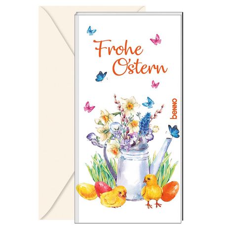 Text: "Frohe Ostern" und "benno". Illustration von Gießkanne mit Blumen, Küken, bunten Eiern und Schmetterlingen.