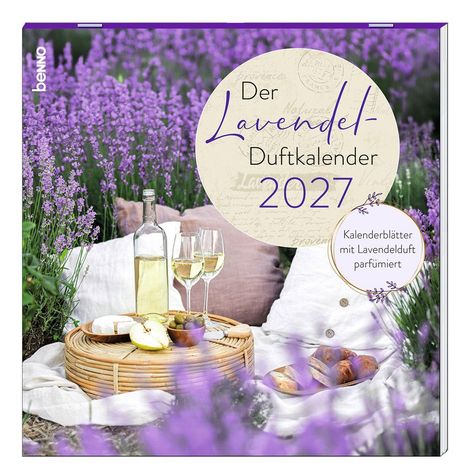 "Der Lavendel-Duftkalender 2027. Kalenderblätter mit Lavendelduft parfümiert." Ein Picknick in einem Lavendelfeld.