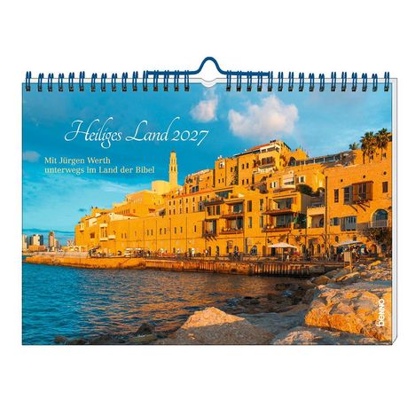 "Heiliges Land 2027. Mit Jürgen Werth unterwegs im Land der Bibel." Küstenstadt in warmem Abendlicht.