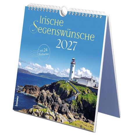Text: „Irische Segenswünsche 2027 mit 24 Postkarten“. Ein Leuchtturm auf einer Klippe am Meer, blauer Himmel.