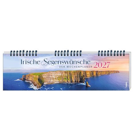 "Irische Segenswünsche 2027 - Der Wochenplaner" in eleganter Schrift über einer Küstenlandschaft mit Klippen und Meer.