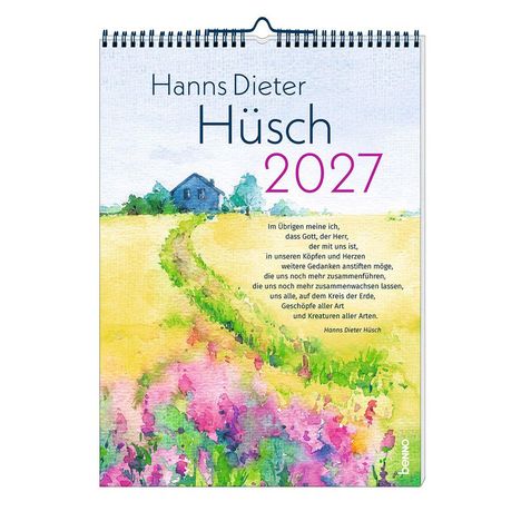Kalender mit „Hanns Dieter Hüsch 2027“, darunter ein Zitat von Hüsch. Aquarell: Landschaft mit Feldweg, Blumen, Haus.