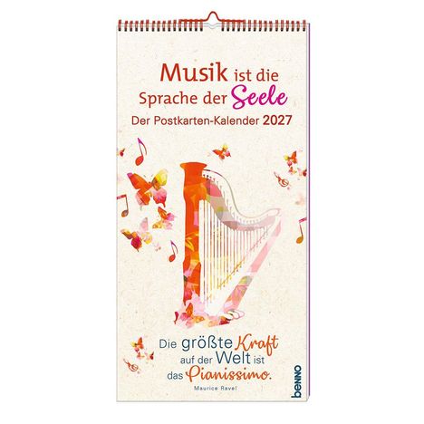 „Musik ist die Sprache der Seele“; „Die größte Kraft auf der Welt ist das Pianissimo.“ Illustration: Harfe, bunte Schmetterlinge.