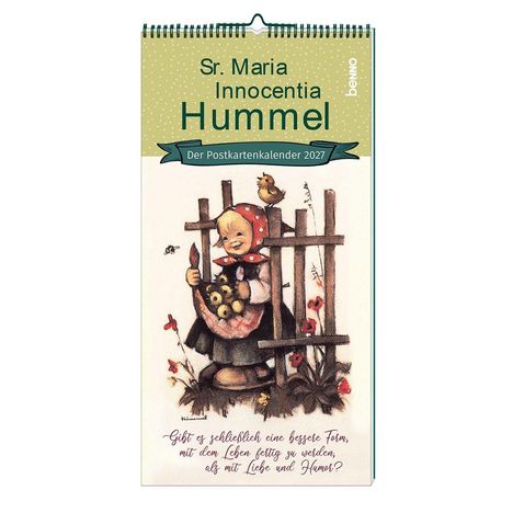 Sr. Maria Innocentia Hummel, Der Postkartenkalender 2027. Gemälde: Mädchen mit Kopftuch, Blumen, Zaun und Vogel.