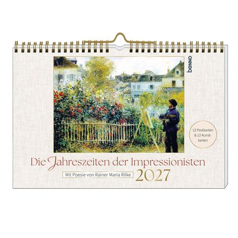 "Die Jahreszeiten der Impressionisten 2027. Mit Poesie von Rainer Maria Rilke. Illustration: Maler im Garten vor Häusern."