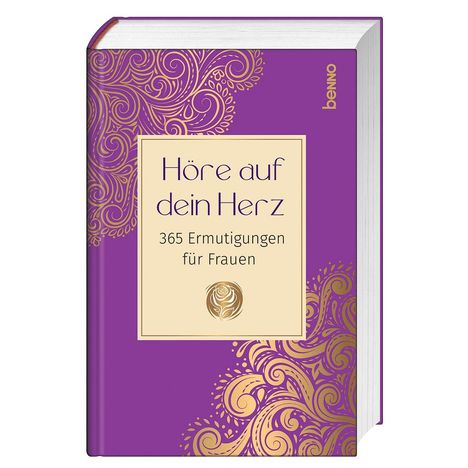 „Höre auf dein Herz: 365 Ermutigungen für Frauen“. Violettes Buchcover mit goldenen Ornamenten und beigem Rechteck.
