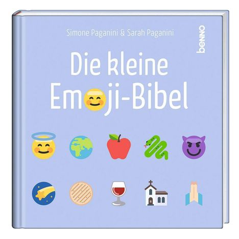 „Die kleine Emoji-Bibel“ von Simone und Sarah Paganini. Verschiedene Emoji-Symbole darunter, wie Engel, Erde und Schlange.
