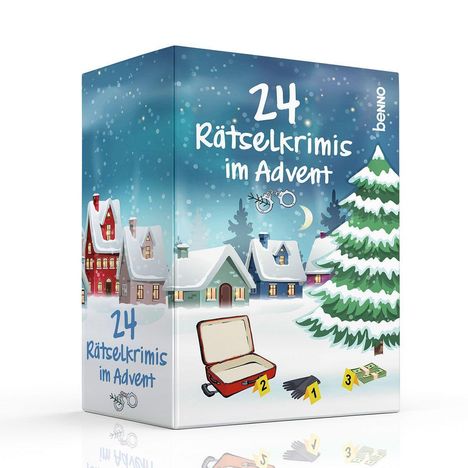"24 Rätselkrimis im Advent". Illustration eines verschneiten Dorfes mit Tannenbaum und Krimi-Hinweisen.