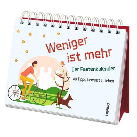 „Weniger ist mehr. Der Fastenkalender. 40 Tipps, bewusst zu leben.“ Illustration: Fahrradfahrer, Baum, Hund.