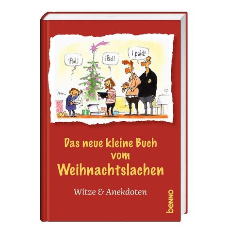 "Das neue kleine Buch vom Weihnachtslachen. Witze & Anekdoten." Illustration: Familie mit Weihnachtsbaum, spricht über Geschenke.