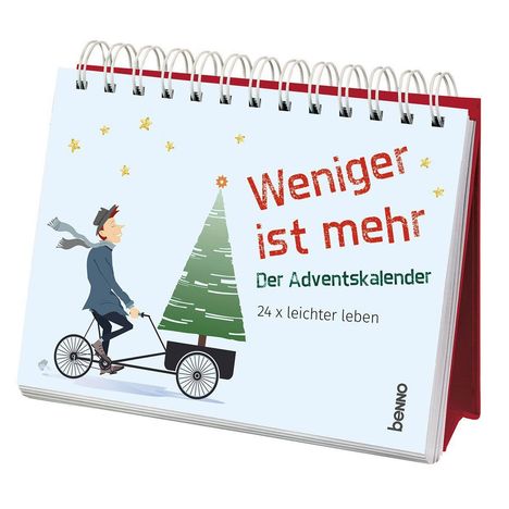 „Weniger ist mehr“, „Der Adventskalender“, „24 x leichter leben“. Illustration: Mann mit Rad und Weihnachtsbaum.