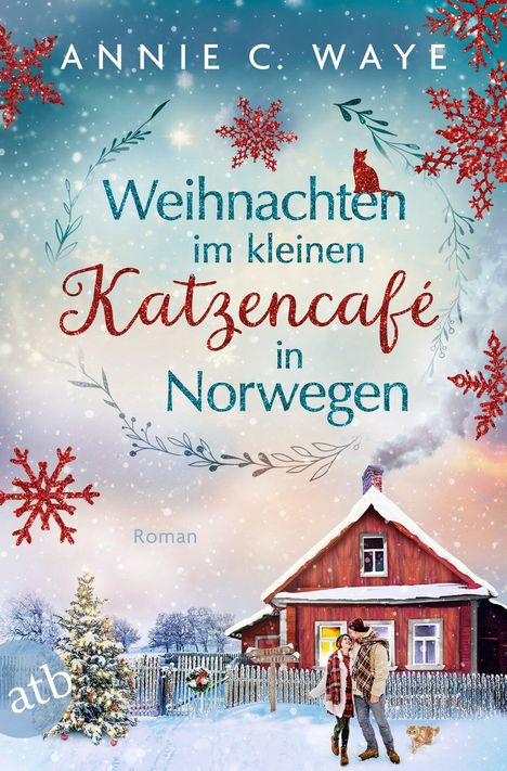„Weihnachten im kleinen Katzencafé in Norwegen“ steht auf Schnee mit Häuschen, paar und Katze unter rotem Himmel.