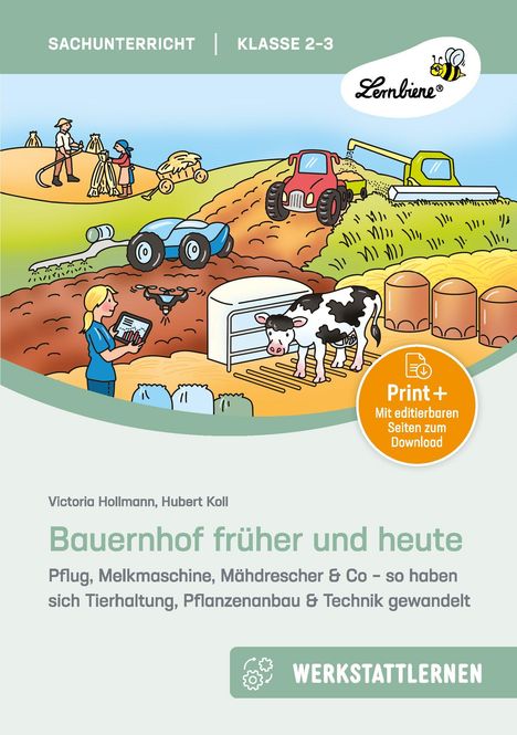 "SACHUNTERRICHT KLASSE 2-3, Bauernhof früher und heute. Illustration eines modernen und traditionellen Bauernhofs."