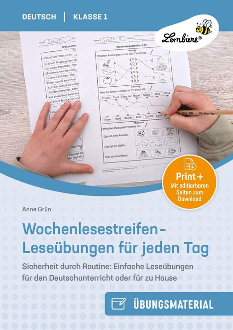 Texte: "Wochenlesestreifen - Leseübungen für jeden Tag", "Print + Mit editierbaren Seiten zum Download". Zwei Hände schreiben auf Arbeitsblättern.