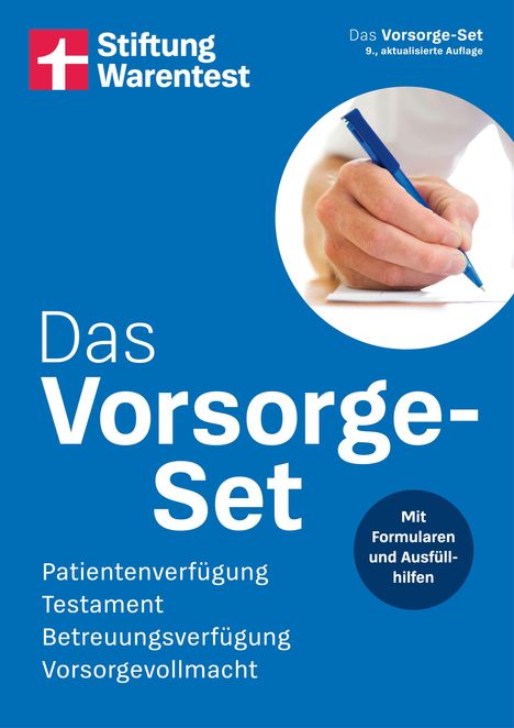 Text: "Das Vorsorge-Set. Patientenverfügung, Testament, Betreuungsverfügung, Vorsorgevollmacht." Logo oben links, Foto zeigt Hand beim Schreiben.