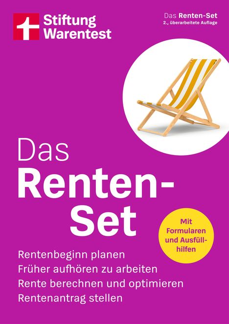 "Das Renten-Set" steht groß auf lila Hintergrund. Oben links ein Logo und rechts ein Liegestuhl.