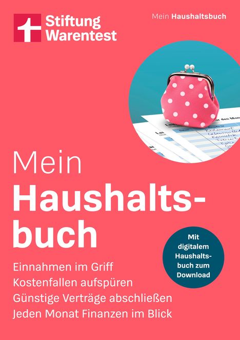 "Mein Haushaltsbuch. Mit digitalem Haushaltsbuch zum Download." Neben einem pinken, gepunkteten Geldbeutel.