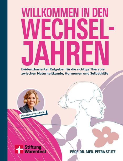 "WILLKOMMEN IN DEN WECHSELJAHREN", Ratgeber zur Therapie. Bild: Frau im Anzug, stilisiertes Frauenprofil, Logo: Stiftung Warentest.