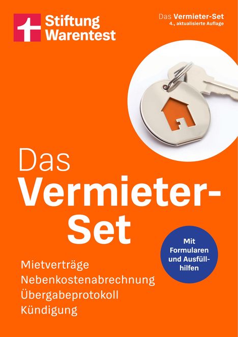 "Das Vermieter-Set" - Mietverträge, Nebenkostenabrechnung, Übergabeprotokoll, Kündigung. Logo rechts oben, Schlüssel.