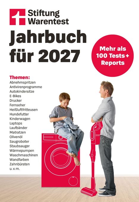 "Stiftung Warentest Jahrbuch für 2027" mit Themenliste und dem Hinweis auf "Mehr als 100 Tests + Reports". Junge und Mann stehen.