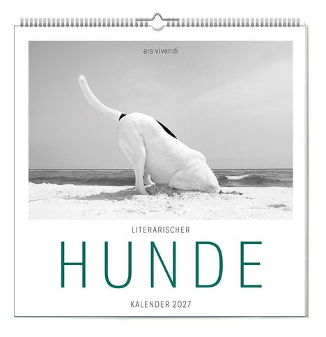Text: "ars vivendi", "LITERARISCHER HUNDE KALENDER 2027". Ein Hund gräbt am Strand, Kopf im Sand.