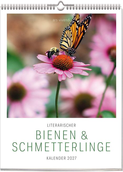 "Literarischer Bienen & Schmetterlinge Kalender 2027". Schmetterling und Biene auf rosa Blume vor verschwommenem Hintergrund.