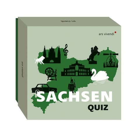 „SACHSEN QUIZ“ in großen Buchstaben. Darunter eine stilisierte Karte Sachsens mit kulturellen und historischen Symbolen.