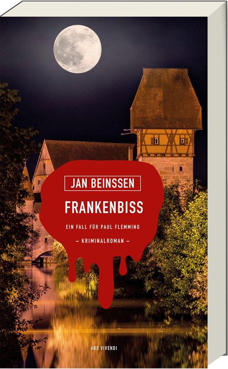 "Jan Beinßen, Frankenbiss, Ein Fall für Paul Flemming, Kriminalroman." Eine nächtliche Szene mit Vollmond und Fachwerkhaus.