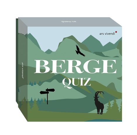 Texte: "BERGE QUIZ", "ars vivendi". Darstellung von Bergen, Vogel, Wegweiser und Steinbock.