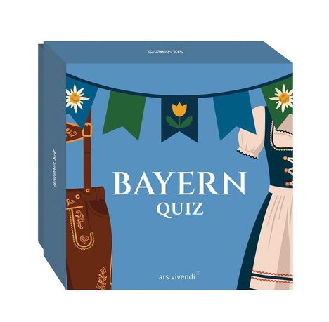 Text: "BAYERN QUIZ". Illustration eines blauen Kastens mit Lederhose und Dirndl, sowie Blumen und Wimpeln.