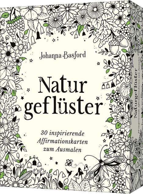 "Naturgeflüster" von Johanna Basford, 30 Affirmationskarten, florale Schwarz-Weiß-Illustration mit grünen Akzenten.