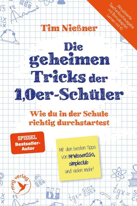 Buchtitel: "Die geheimen Tricks der 1,0er-Schüler". Autorenname: Tim Nießner. Enthält mathematische Kritzeleien.