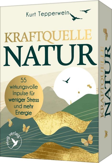"Kraftquelle Natur: 55 wirkungsvolle Impulse für weniger Stress und mehr Energie." Illustration mit Landschaft und Schmetterlingen.