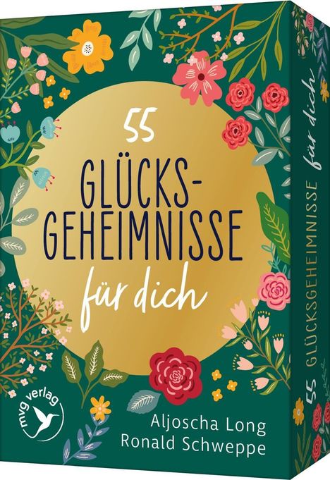 "55 Glücksgeheimnisse für dich" von Aljoscha Long und Ronald Schweppe. Ein Cover mit bunten Blumen.