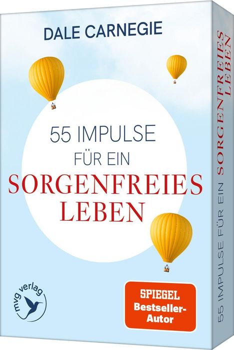 "55 Impulse für ein sorgenfreies Leben" steht zentriert. Drei gelbe Heißluftballons auf blauem Hintergrund.