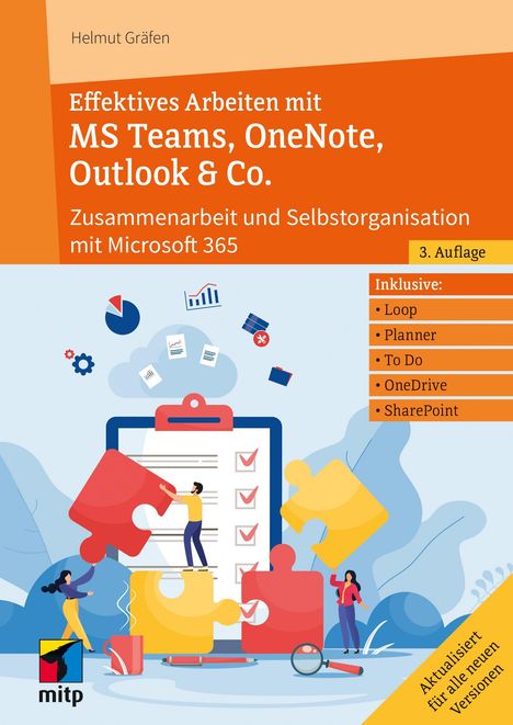 Buchtitel, Autor und relevante Tools in roter und orangener Schrift. Illustration: Personen mit Puzzleteilen und Klemmbrett.