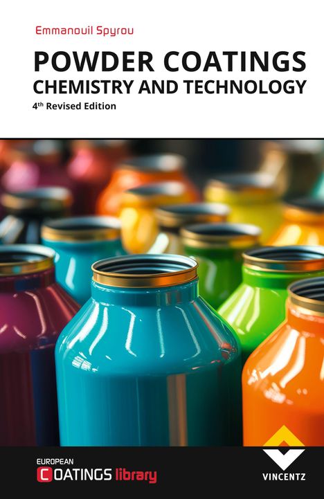 "Powder Coatings: Chemistry and Technology, 4th Revised Edition". Vordergrund: Bunte Gläser, Hintergrund verschwommen.
