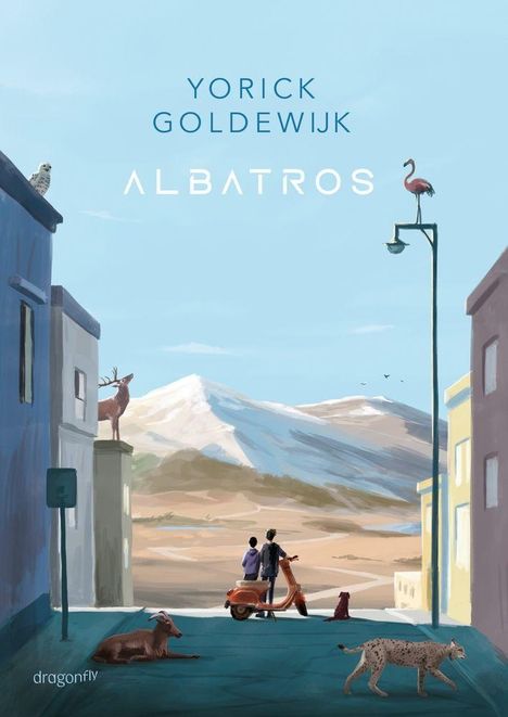 Yorick Goldewijk, Albatros. Zwei Personen auf einem Roller blicken auf schneebedeckte Berge, Tiere in der Stadt.