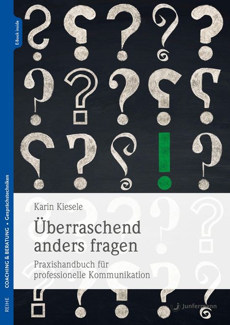 "Überraschend anders fragen: Praxishandbuch für professionelle Kommunikation." Viele Fragezeichen, eines in Grün.