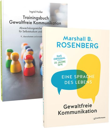 Zwei Buchcover über gewaltfreie Kommunikation. Farbenfrohe Spielfiguren auf einem, Sprechblasen auf dem anderen.