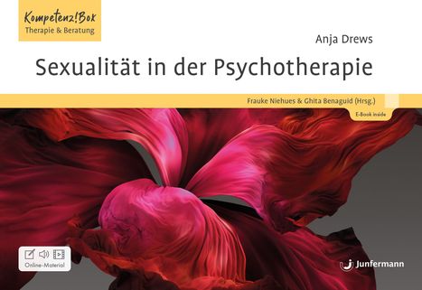 "Sexualität in der Psychotherapie", Anja Drews, rote abstrakte Form, "Kompetenz!Box" Logo, "E-Book inside", Junfermann-Logo.