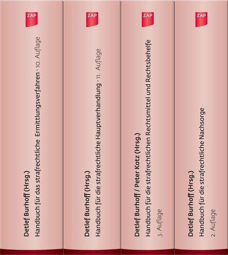 Vier Buchrücken, oben rotes ZAP-Logo. Titel: "Handbuch für das strafrechtliche..." in unterschiedlichen Auflagen.