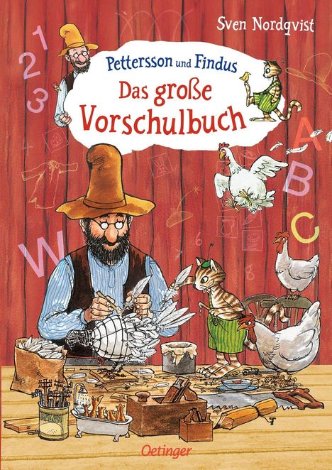 "Pettersson und Findus. Das große Vorschulbuch". Ein bärtiger Mann und eine Katze basteln an einem Holzhuhn.