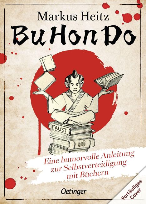 „Markus Heitz, BuHonDo, Eine humorvolle Anleitung zur Selbstverteidigung mit Büchern.“ Illustration eines Mönchs mit Büchern.