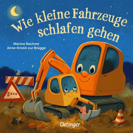 "Wie kleine Fahrzeuge schlafen gehen." Zwei lächelnde Bagger vor einem Nachthimmel mit Mond und Sternen; Baustellen-Tiere.