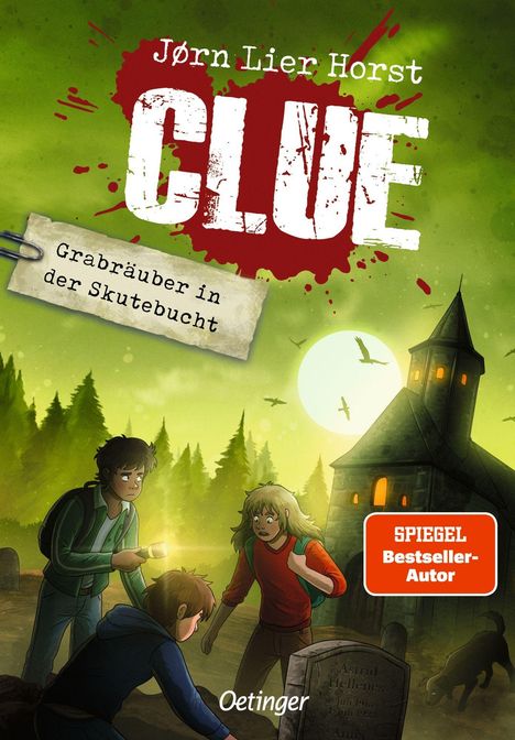 „Jørn Lier Horst, CLUE, Grabräuber in der Skutebucht“, zeigt Kinder mit Taschenlampe vor grünem Wald und Kirche.
