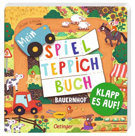 „Mein Spielteppichbuch: Bauernhof“. Bunte Illustration mit Tieren, Traktor und spielendem Kind.