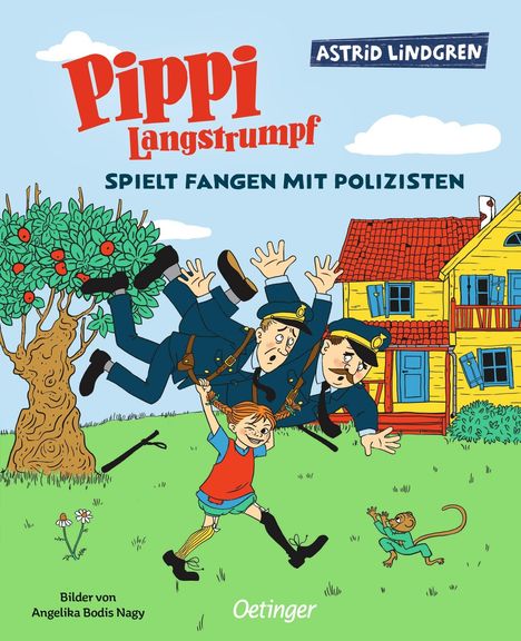 "Pippi Langstrumpf spielt Fangen mit Polizisten" steht oben. Illustration: Pippi hebt zwei Polizisten, ein Affe schaut zu.